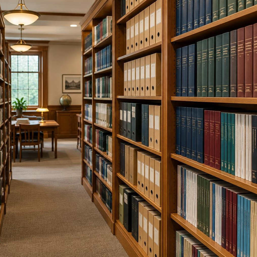 Shelves filled with bound research reports and archive folders