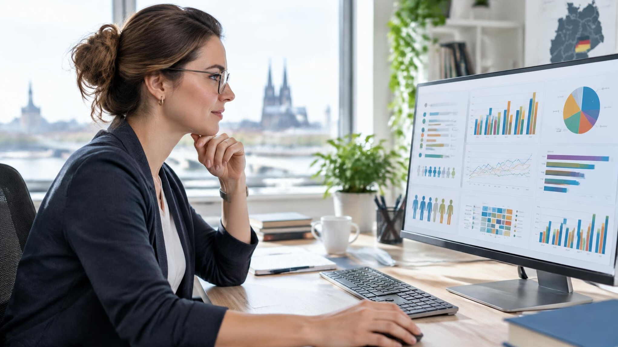 Researcher analyzing data charts on a monitor in a bright office