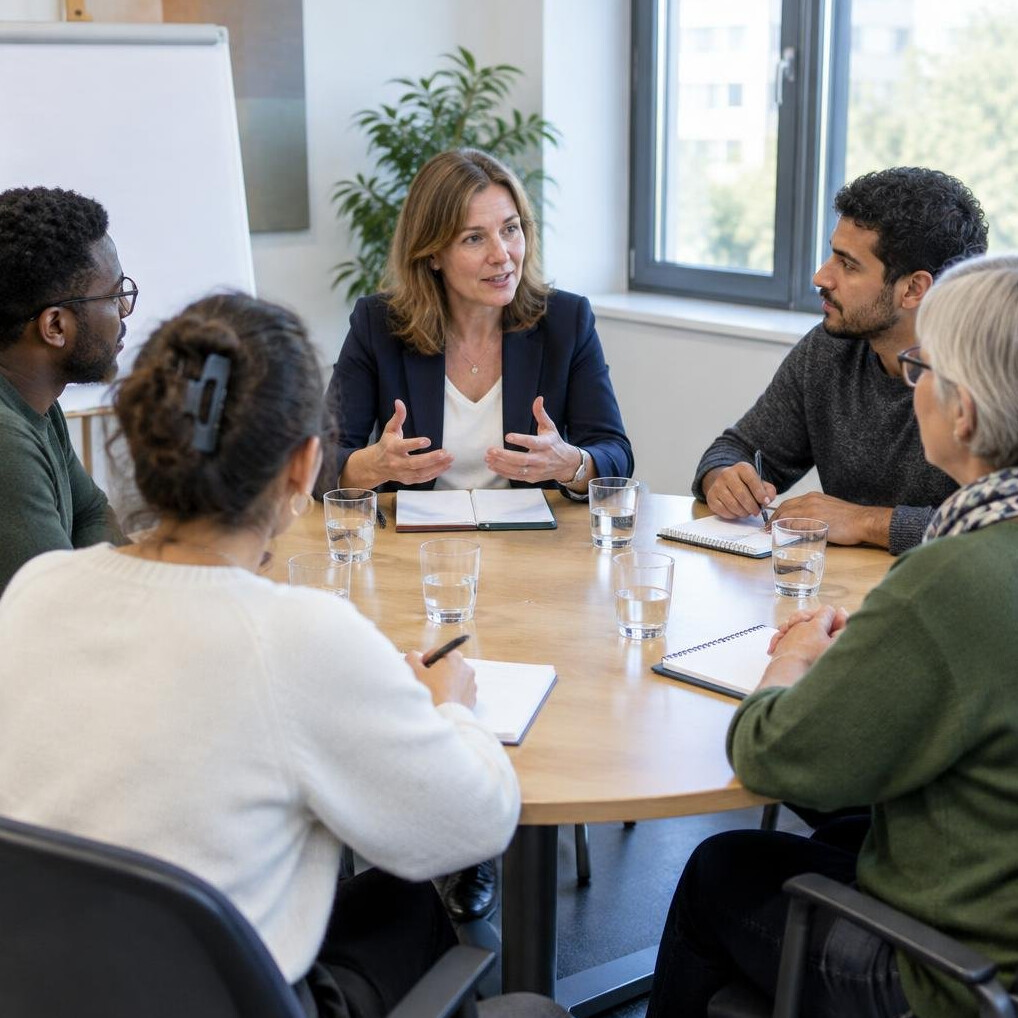 Moderator leading a focus group discussion around a table
